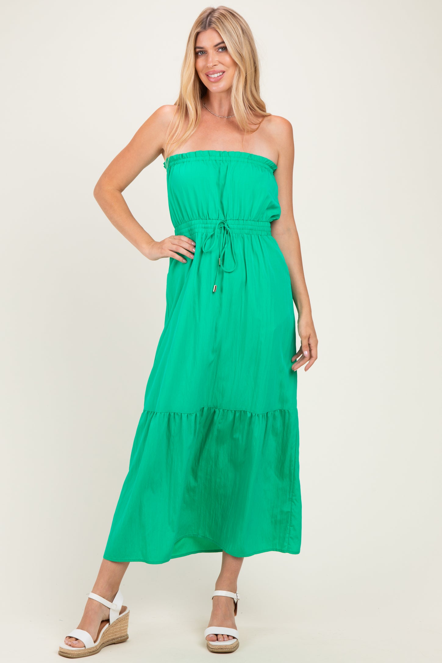 Green Strapless Cinched Waist Tie Maternity Maxi Dress