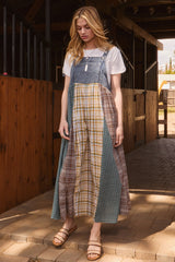 Denim Plaid Colorblock Overall Dress