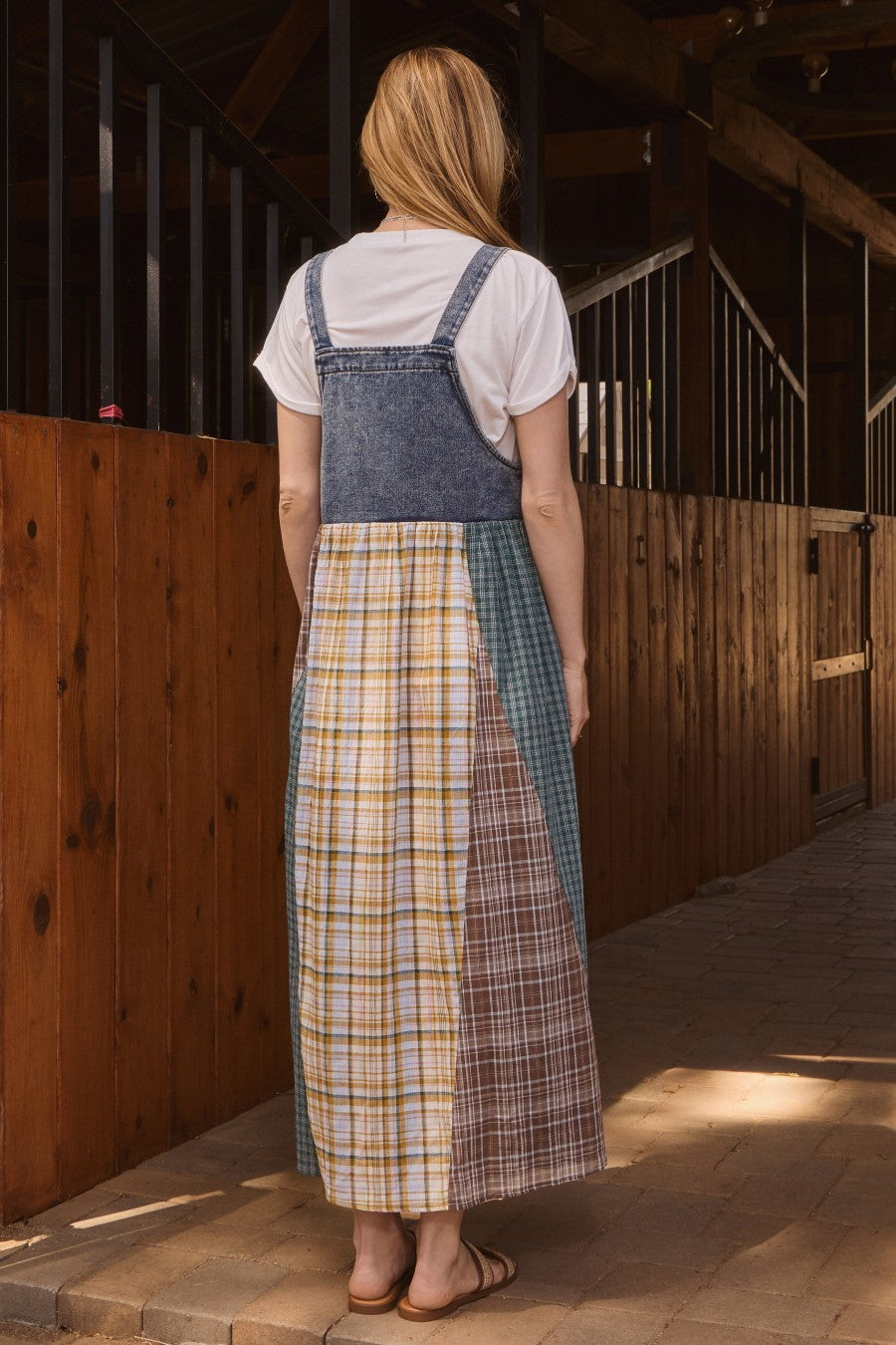 Denim Plaid Colorblock Overall Dress