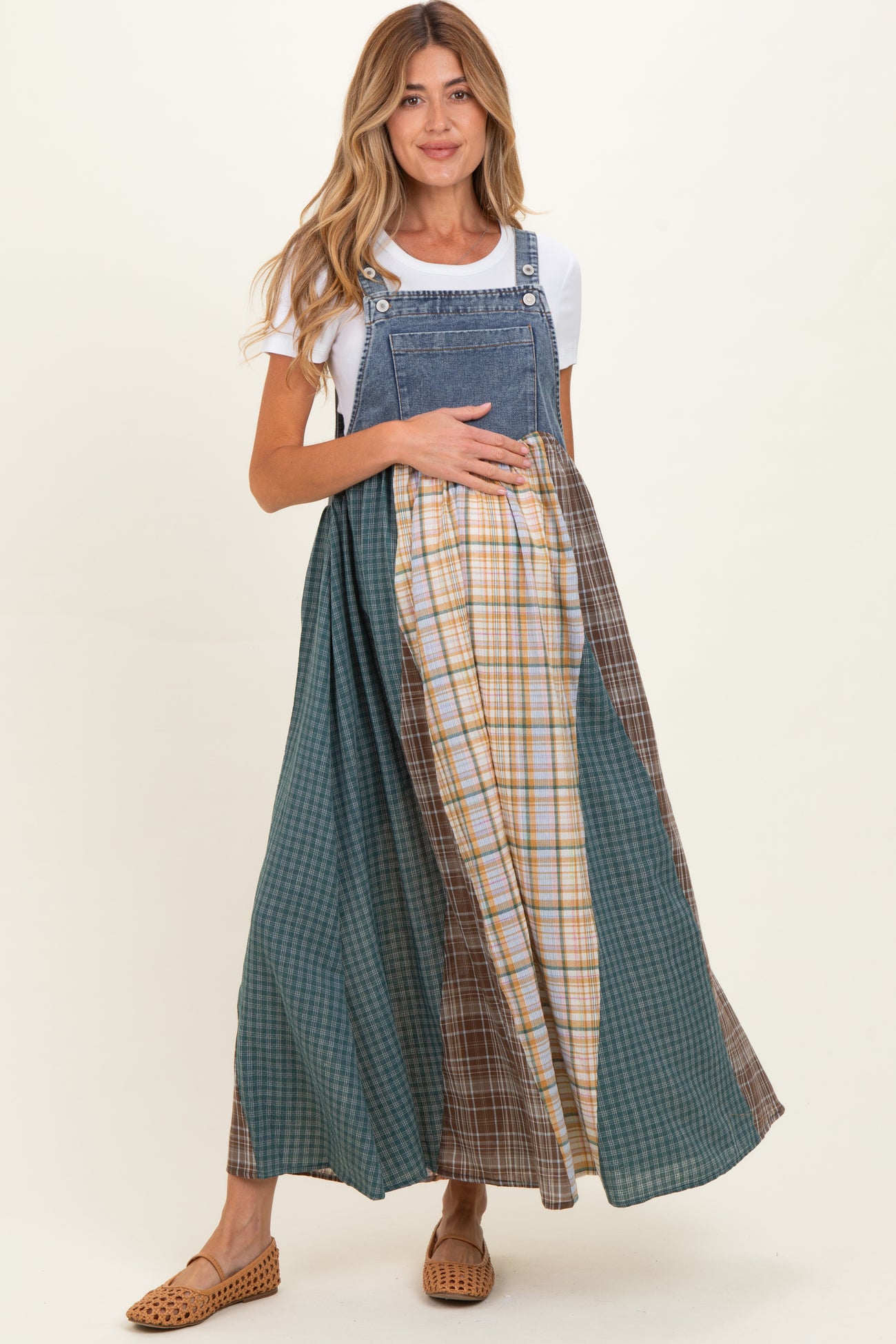 Denim Plaid Colorblock Overall Maternity Dress