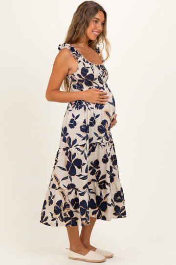 Navy Floral Smocked Tiered Maternity Midi Dress