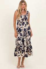 Navy Floral Smocked Tiered Midi Dress