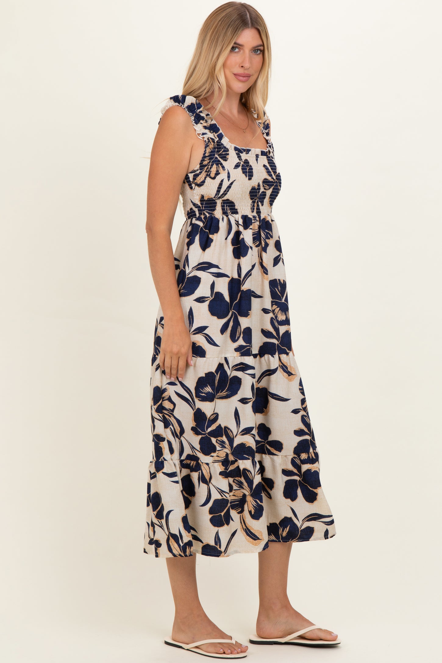 Navy Floral Smocked Tiered Midi Dress