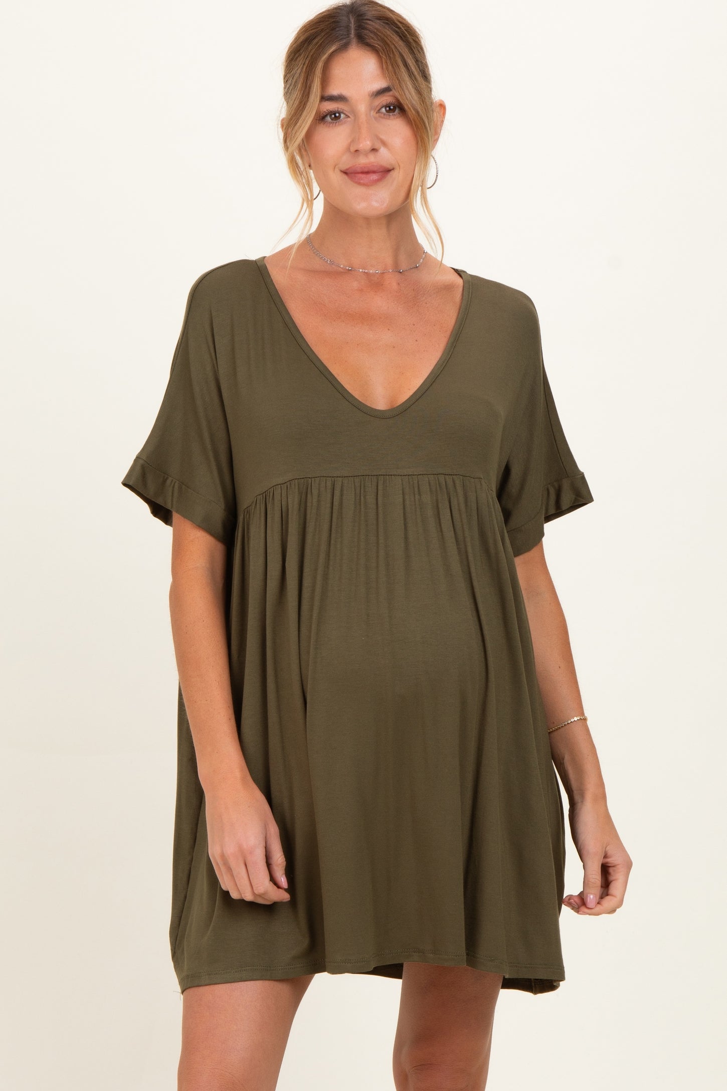 Olive V-Neck Basic Maternity Dress