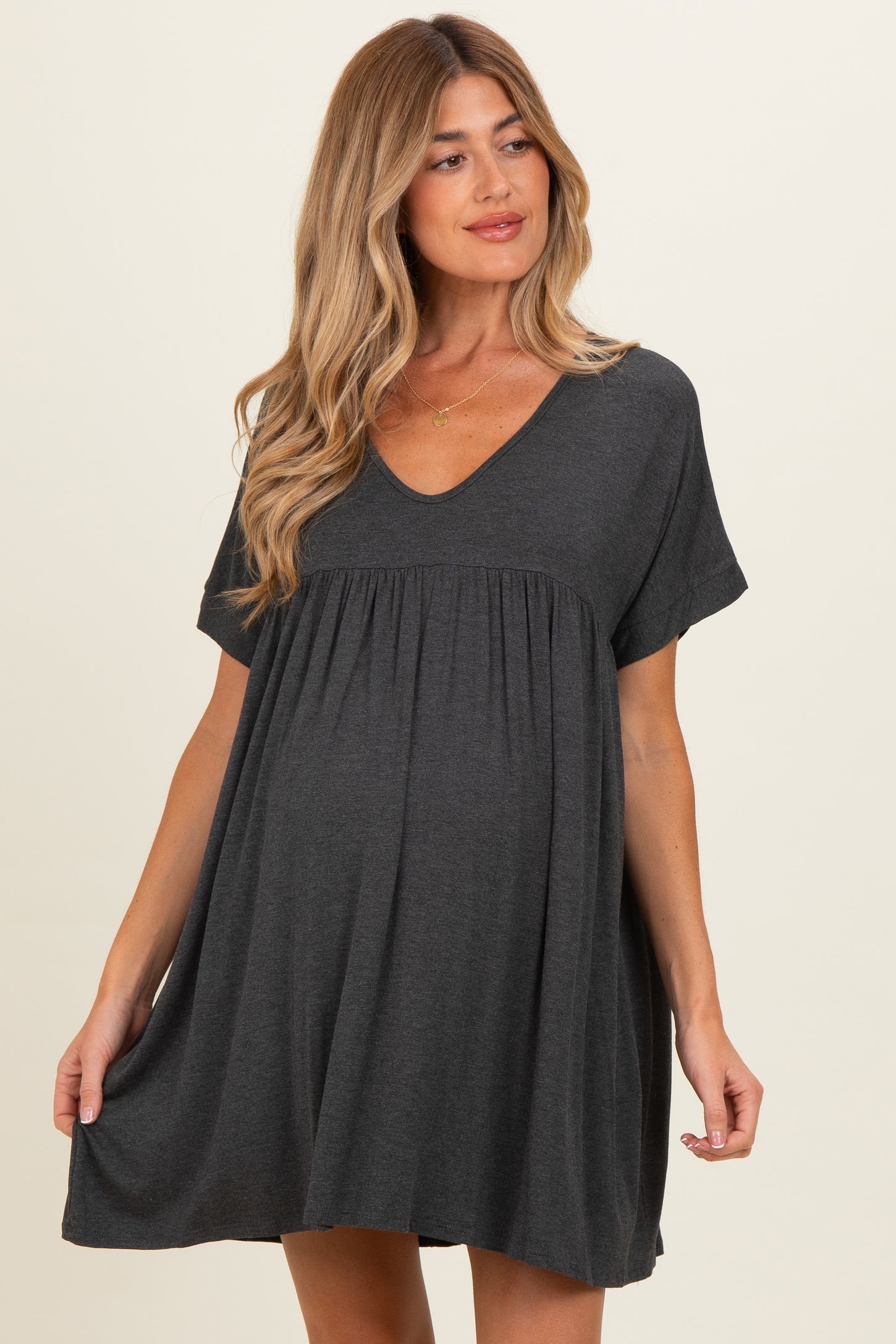 Charcoal V-Neck Basic Maternity Dress