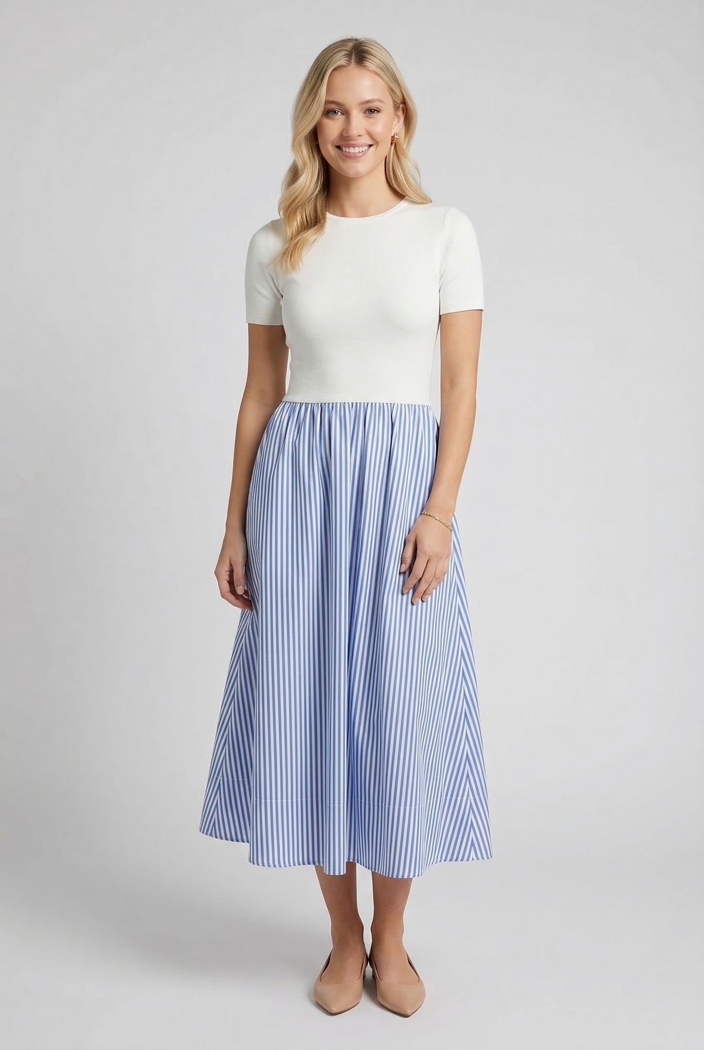 Ivory Blue Colorblock Striped Skirt Dress