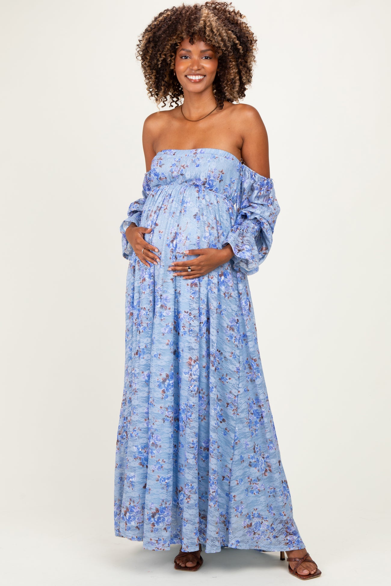 Blue Off Shoulder Long Sleeve Maternity Maxi Dress