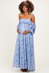Blue Off Shoulder Long Sleeve Maternity Maxi Dress
