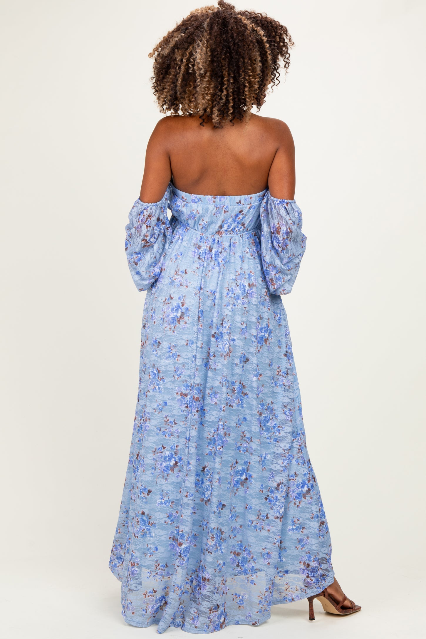 Blue Off Shoulder Long Sleeve Maternity Maxi Dress