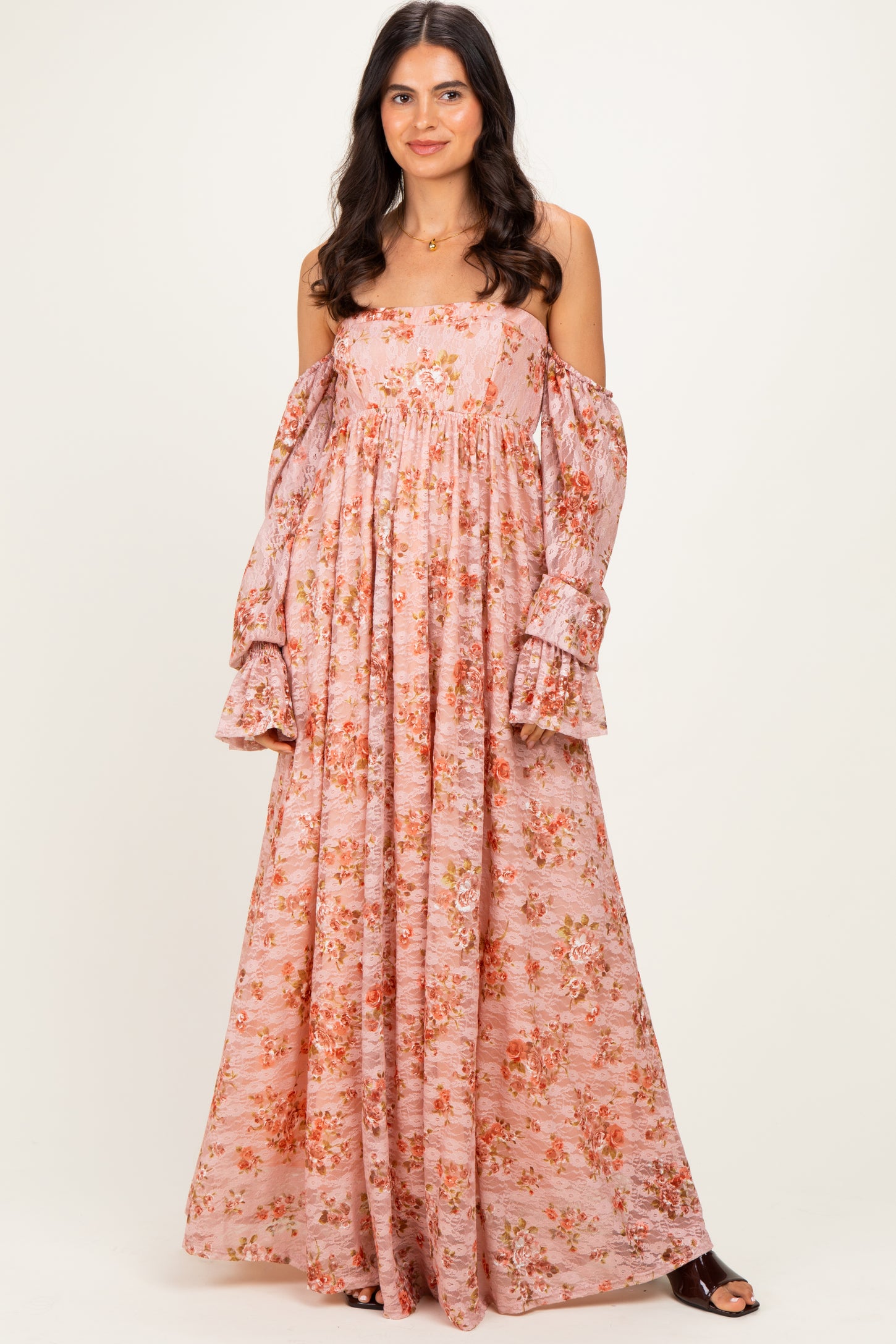 Peach Off Shoulder Long Sleeve Maternity Maxi Dress