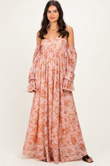Peach Off Shoulder Long Sleeve Maternity Maxi Dress