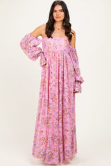 Pink Off Shoulder Long Sleeve Maternity Maxi Dress