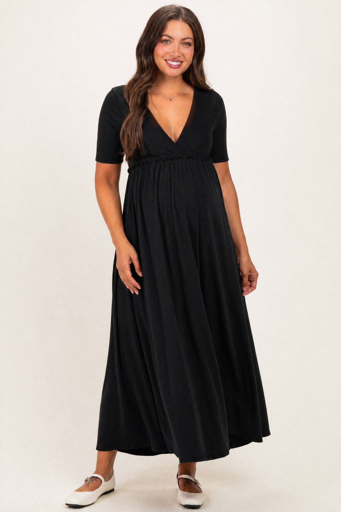 Black Short Sleeve V-Neck Maternity Maxi Dress