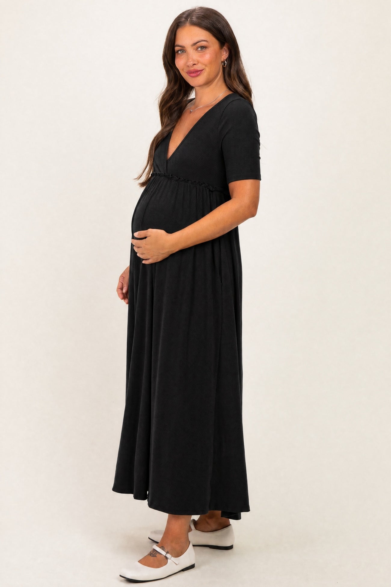 Black Short Sleeve V-Neck Maternity Maxi Dress