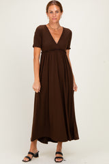 Brown Short Sleeve V-Neck Maternity Maxi Dress
