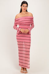 Pink Striped Sheer Knit Off Shoulder Maternity Maxi Dress