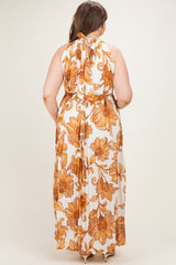 Camel Floral Pleated Halter Maternity Plus Maxi Dress
