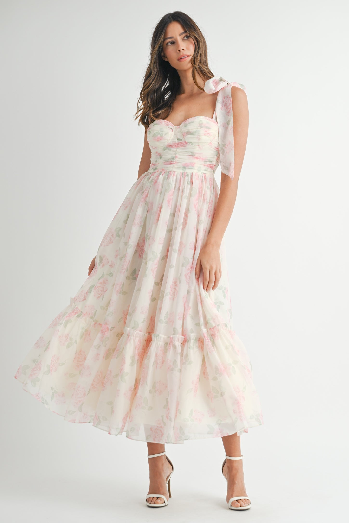 Pink Floral Chiffon Shoulder Tie Midi Dress