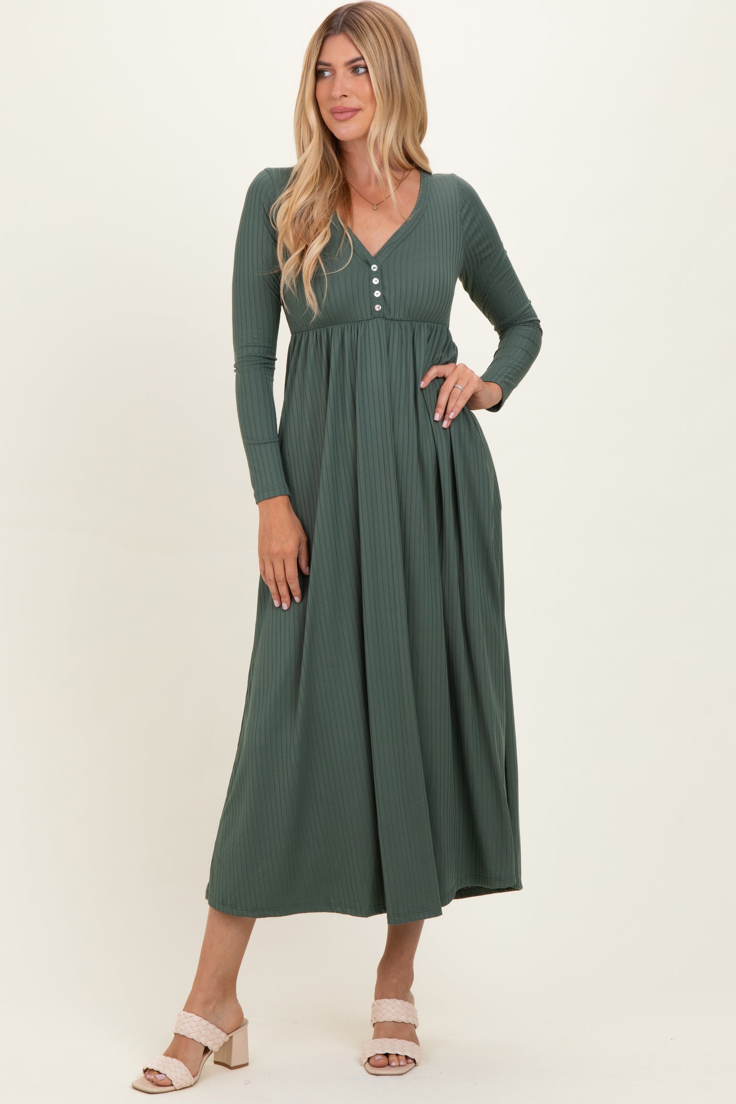 Olive Ribbed Knit Long Sleeve Maxi Dress