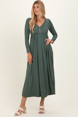 Olive Ribbed Knit Long Sleeve Maxi Dress