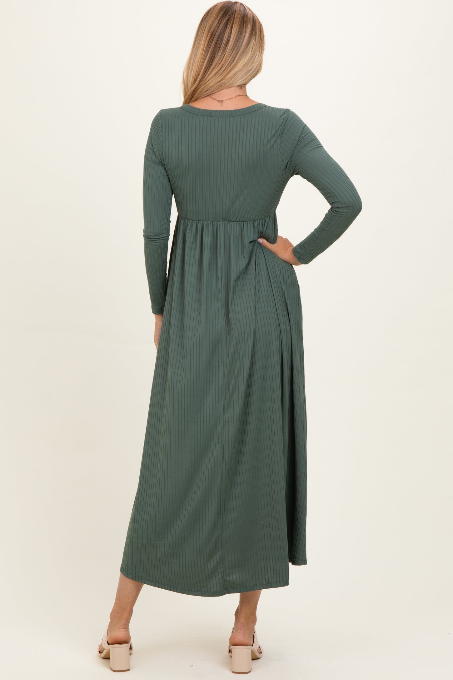 Olive Ribbed Knit Long Sleeve Maxi Dress