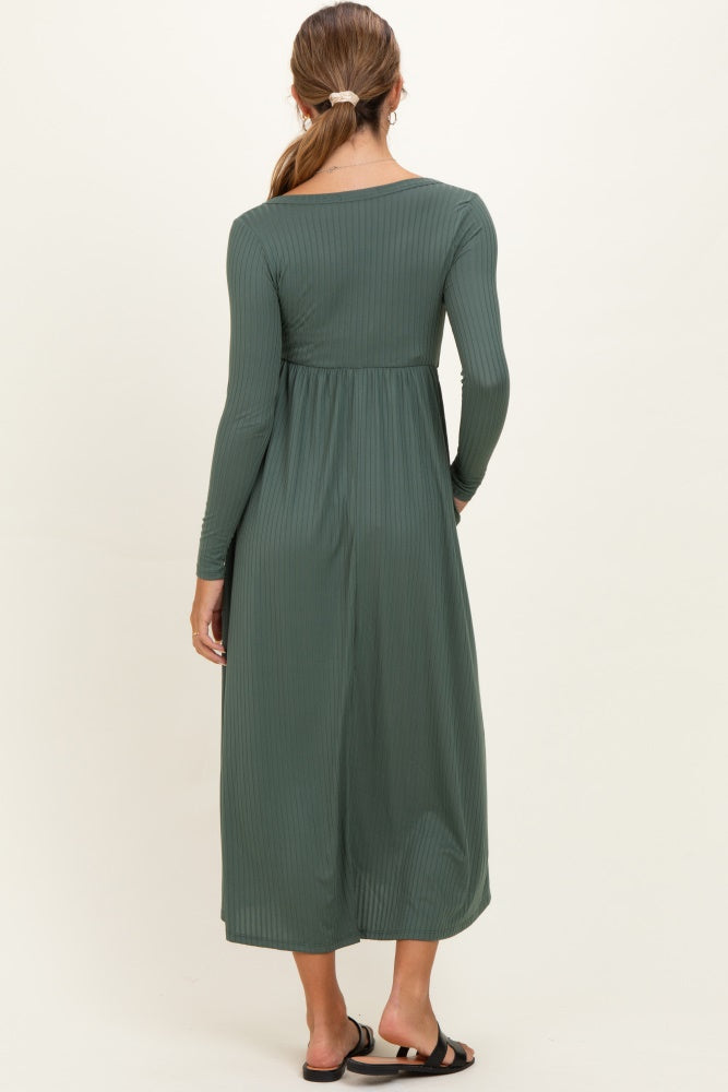 Olive Ribbed Knit Long Sleeve Maternity Maxi Dress