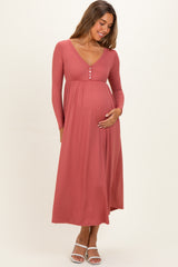 Mauve Ribbed Knit Long Sleeve Maternity Maxi Dress
