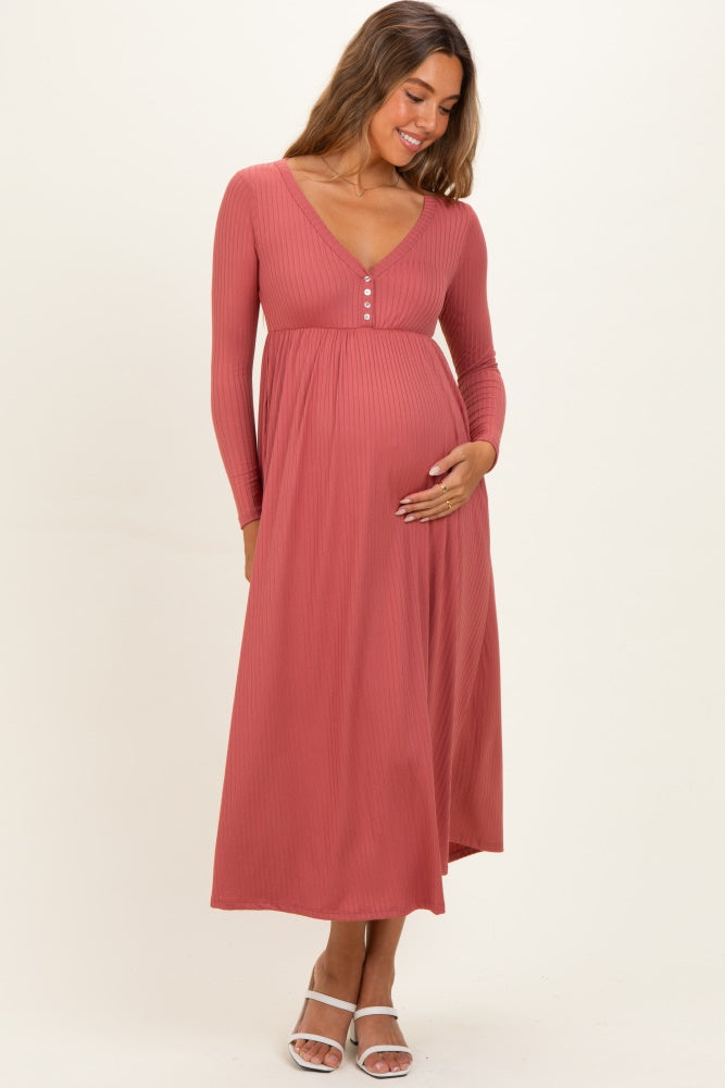 Mauve Ribbed Knit Long Sleeve Maternity Maxi Dress