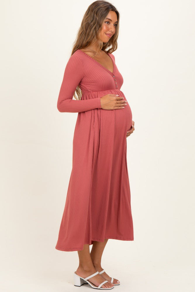 Mauve Ribbed Knit Long Sleeve Maternity Maxi Dress