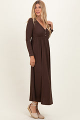 Brown Ribbed Knit Long Sleeve Maxi Dress
