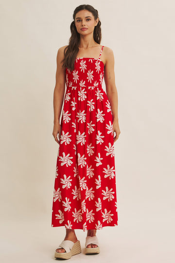 Red Printed Square Neck Smocked Maxi Dress