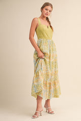 Lime Colorblock Floral Tiered Midi Dress