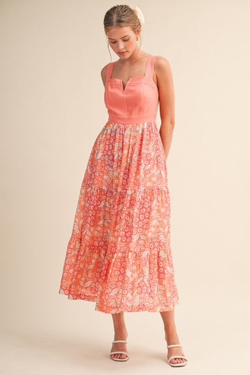 Coral Orange Colorblock Floral Tiered Midi Dress