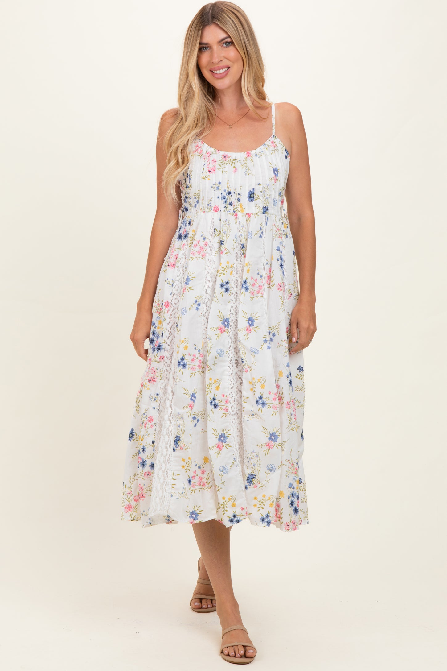 Ivory Floral Flutter Sleeve Smocked Midi Dress