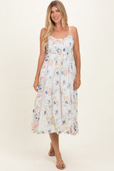 Ivory Floral Flutter Sleeve Smocked Midi Dress