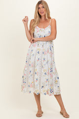 Ivory Floral Flutter Sleeve Smocked Midi Dress