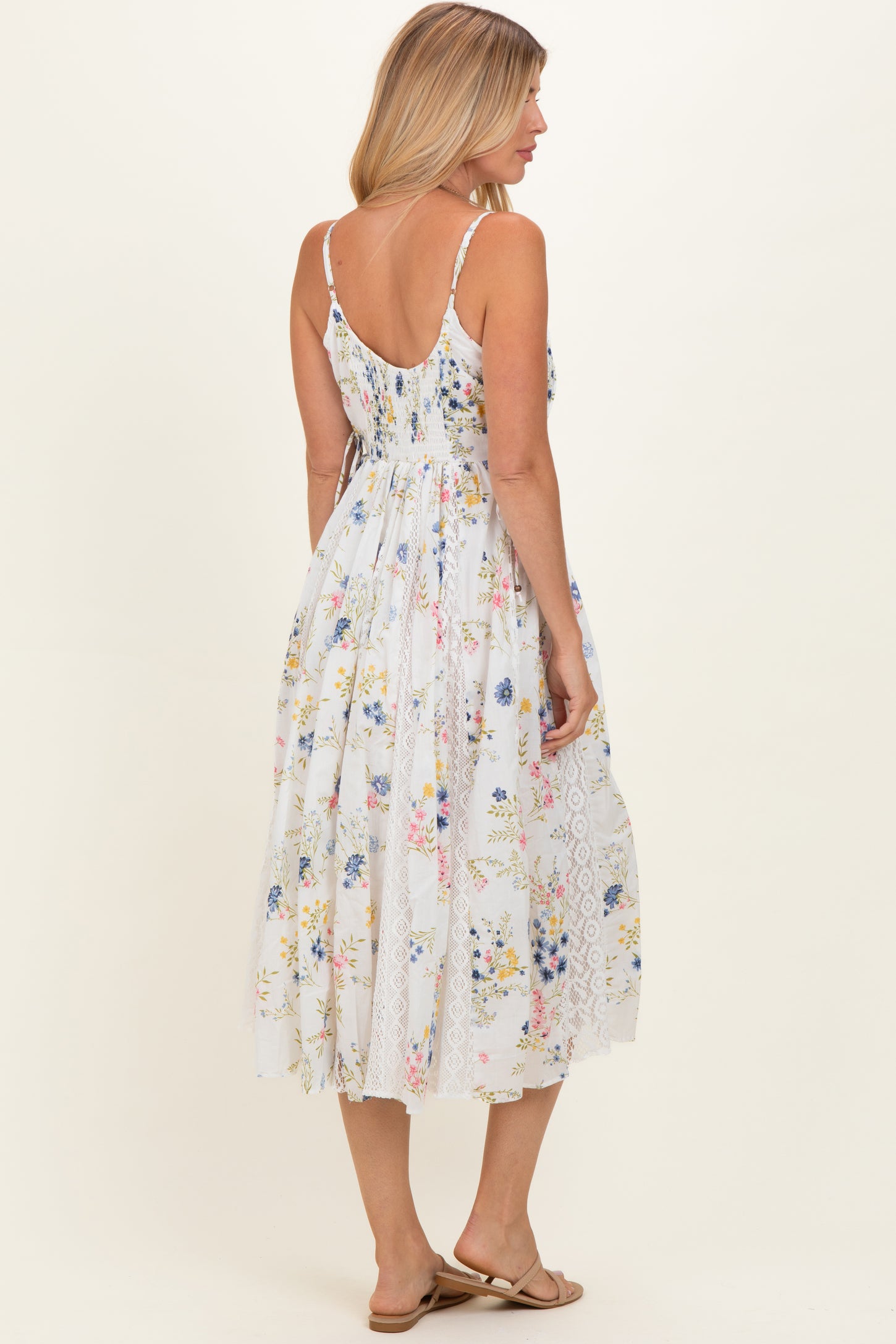 Ivory Floral Flutter Sleeve Smocked Midi Dress