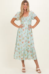 Sage Floral Flutter Sleeve Smocked Midi Dress