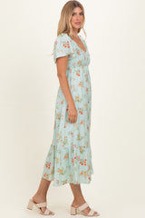 Sage Floral Flutter Sleeve Smocked Midi Dress