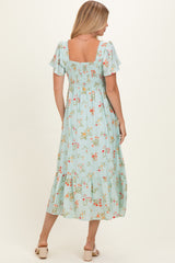 Sage Floral Flutter Sleeve Smocked Midi Dress