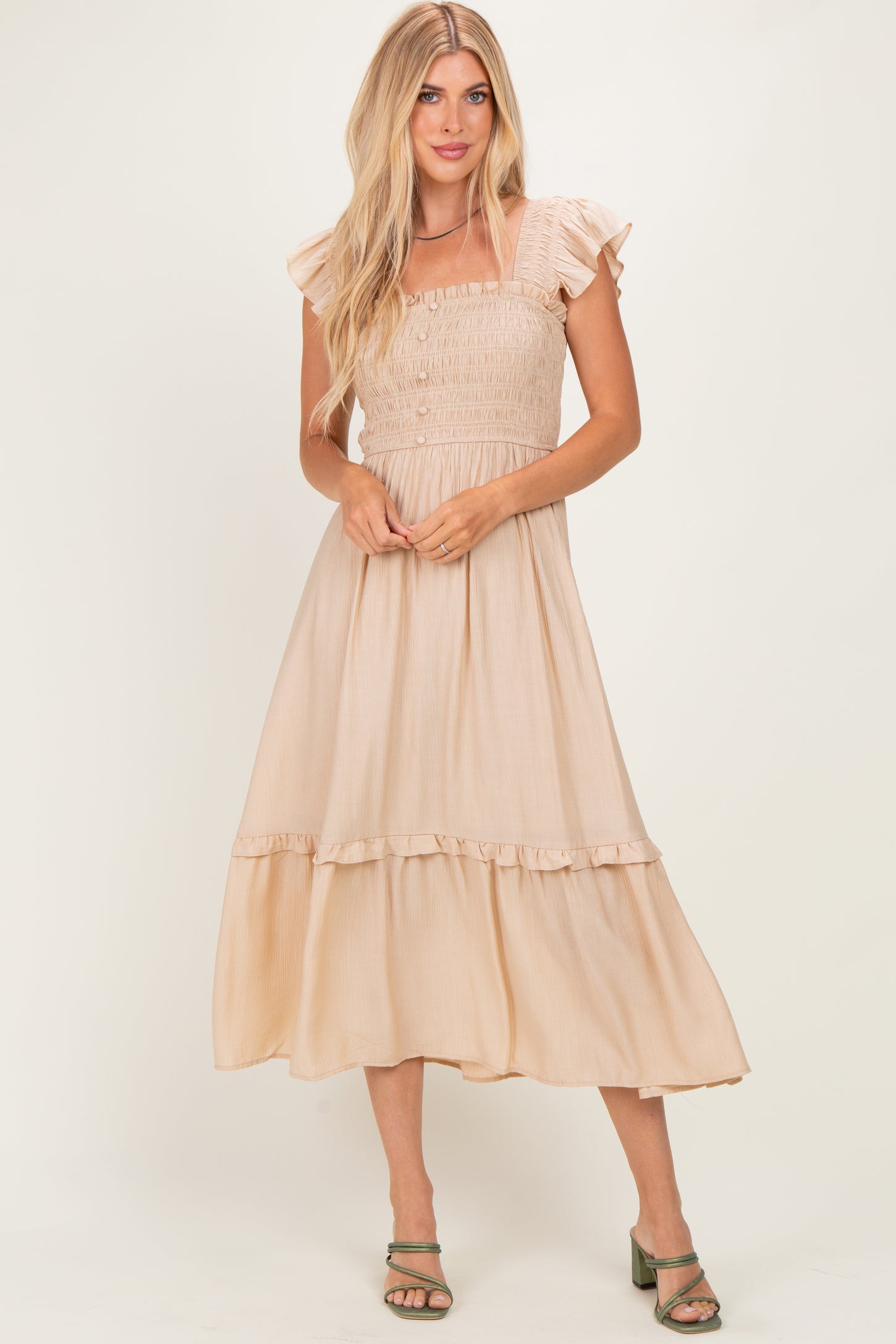 Khaki Button Accent Smocked Ruffle Midi Dress