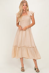 Khaki Button Accent Smocked Ruffle Midi Dress