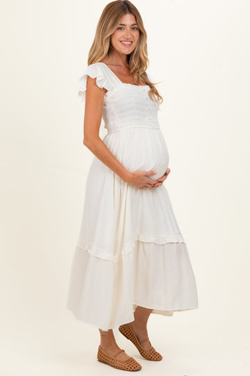 Natural Button Accent Smocked Ruffle Maternity Midi Dress