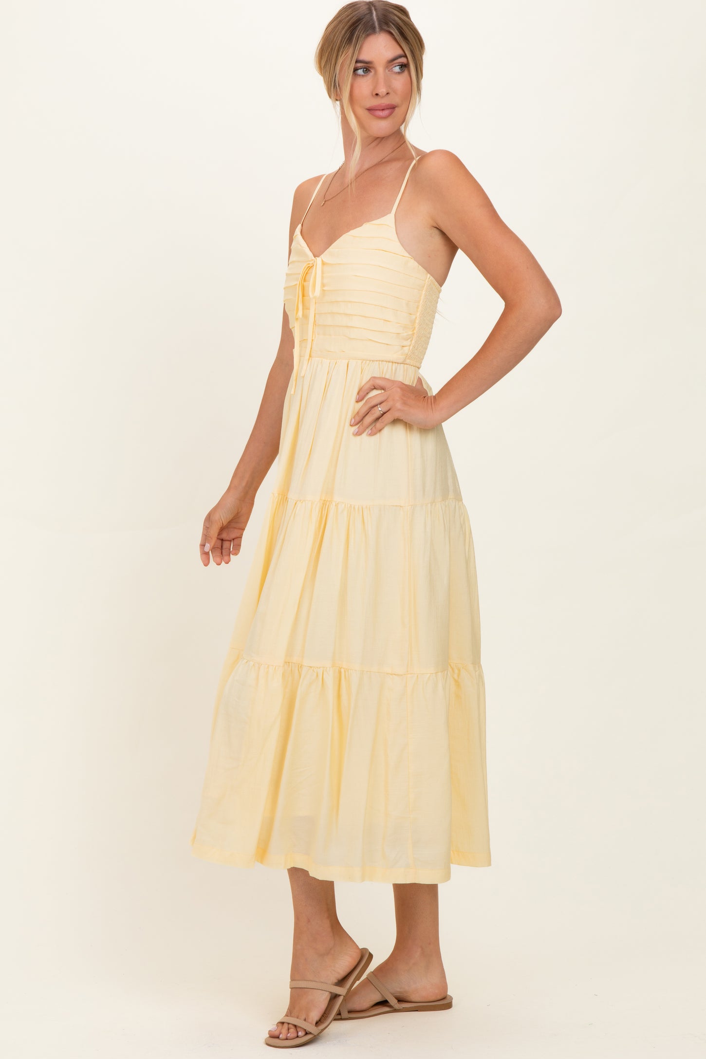 Butter Yellow Pleated Front Tie Sleeveless Midi Dress