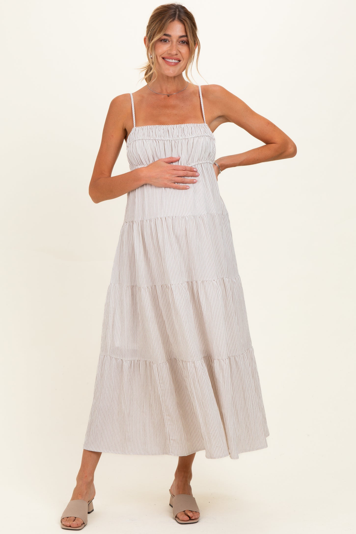 Mocha Striped Empire Waist Tiered Maternity Midi Dress