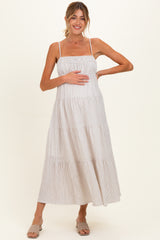 Mocha Striped Empire Waist Tiered Maternity Midi Dress