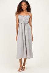 Black Striped Front Tie Cutout Ruffle Maternity Midi Dress