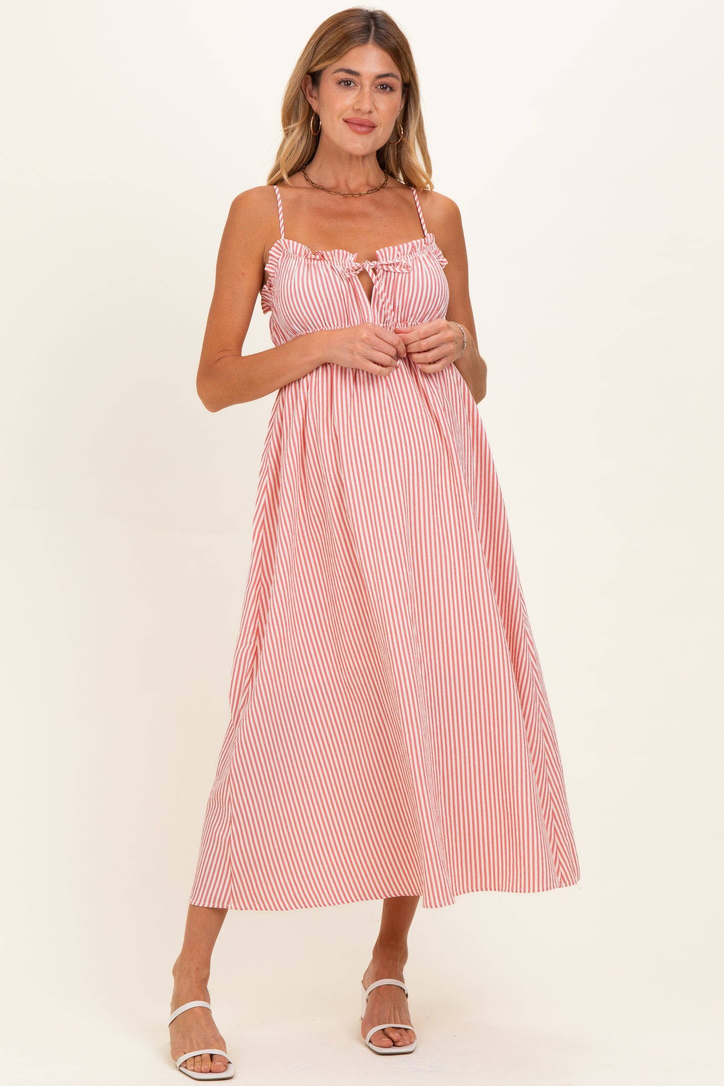 Red Striped Front Tie Cutout Ruffle Maternity Midi Dress