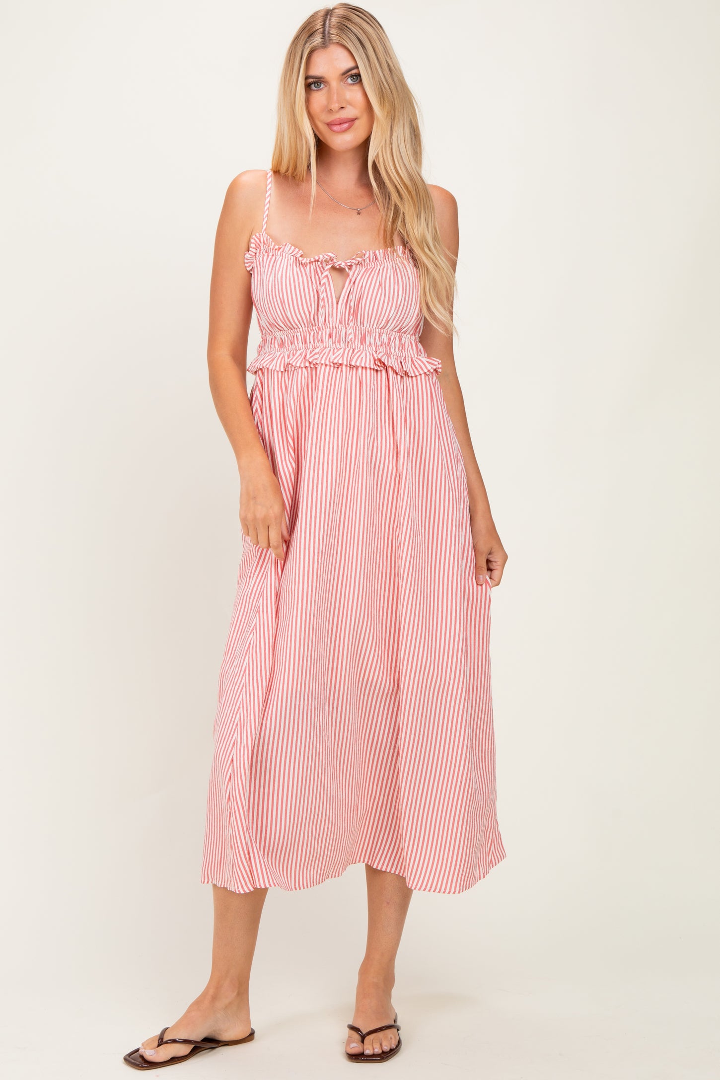 Red Striped Front Tie Cutout Ruffle Maternity Midi Dress