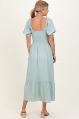 Sage Smocked Puff Sleeve Ruffle Trim Midi Dress